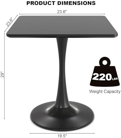 24" Black Tulip Table for Kitchen, Small Square Dining Table for 2 Person