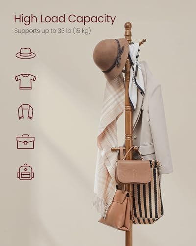 VASAGLE Freestanding Coat Rack, Rubber Wood Coat Tree with 9 Hooks