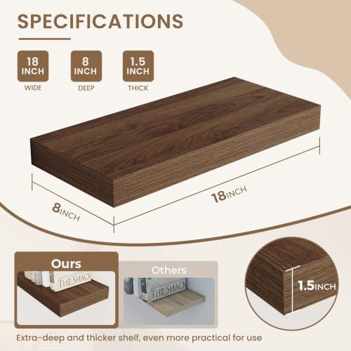 Dreamland 18 Inches Wall Mounted Wood Floating Shelves, Walnut, 3 Pack