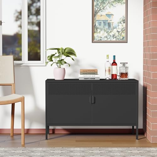 Ustamio Black Wide Metal Locker Storage Cabinet, 2 Door Accent Cabinet for Home and Office, 2 Tier Low Metal Cabinet With Doors and Shelf, Multipurpose TV Stand