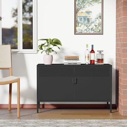 Ustamio Black Wide Metal Locker Storage Cabinet, 2 Door Accent Cabinet for Home and Office, 2 Tier Low Metal Cabinet With Doors and Shelf, Multipurpose TV Stand