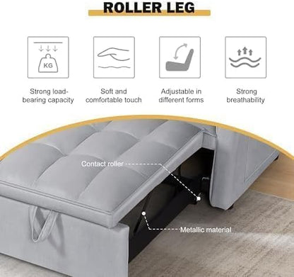 54'' Sleeper Sofa Bed, Convertible Pull Out Couch Futon with Side Pockets, Velvet Loveseat Sofa Bed with Adjustable Backrest, Armrest Pillows for Living Room Dorm Apartment, Light Gray