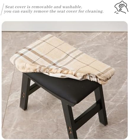 Kitsanery Foot Stool,Ottoman,Bamboo Small Sofa Foot Rest Under Desk,Extra Seating for Living Room, Bedroom and Kitchen (Black Stool Legs - Stripes Surface)