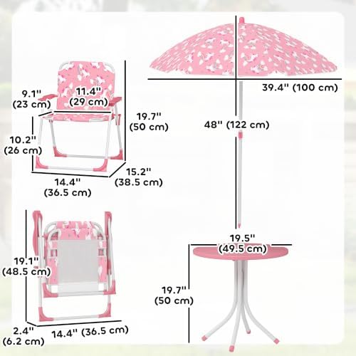 Qaba Kids Picnic Table and Chair Set Outdoor Unicorn and Rainbow Pink