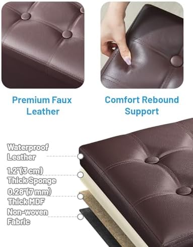 AmasSmile Ottoman with Storage,16" Folding Leather Foot Rest Chest,Brown