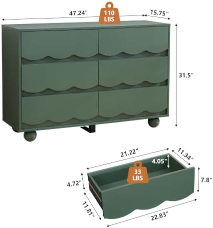 Green Scalloped 6 Drawer Dresser, Mid Century Storage Chest of Drawers