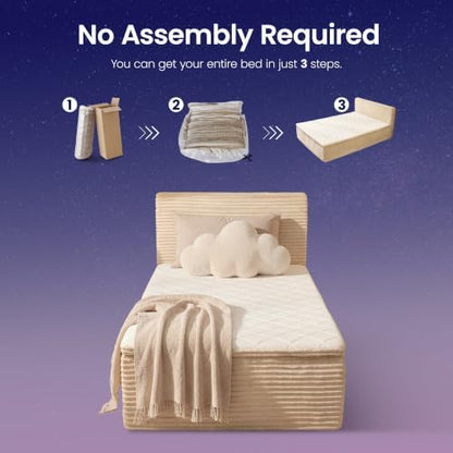 Twin Boneless Bed Frame with Mattress, 16 Inch Memory Foam Mattress with Plush Fabric Upholstered Bed Frame Platform, No Assembly Required,Cool Night & Relieve Pressure with Medium Support, Beige