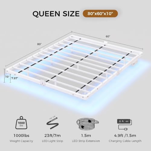Floating Bed Frame Queen Size, Smart LED Lights & Charging Station, 9.45" High Clearance, Mattress Slide Stopper, Noise-Free, No Box Spring Needed, Easy Assembly