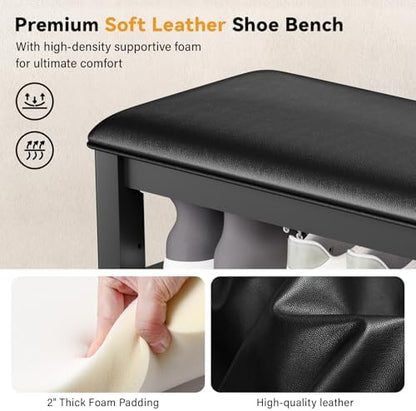 Shoe Bench with 3 Tier Adjustable Shelves Rubberwood Entryway 39.4''