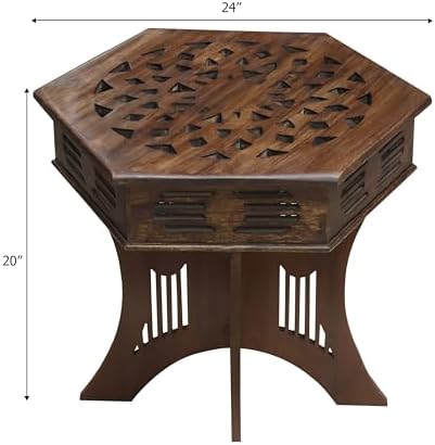 COTTON CRAFT Solid Wood End Table - Hand Carved Folding Moroccan Side Table
