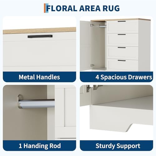 GarveeHome Wood Armoire Wardrobe Closet with 4 Drawers and Door, 43.3 in H Bedroom Wardrobe Cabinet with Hanging Rod, Clothing Storage Cabinets, 4 Drawers Dresser with Storage Closet, White