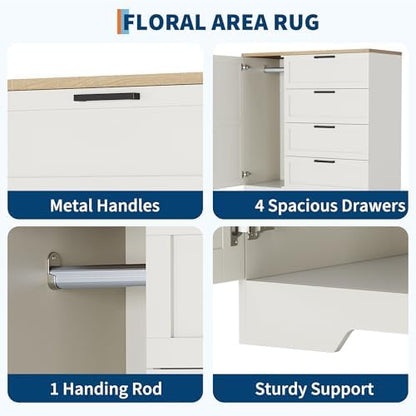 GarveeHome Wood Armoire Wardrobe Closet with 4 Drawers and Door, 43.3 in H Bedroom Wardrobe Cabinet with Hanging Rod, Clothing Storage Cabinets, 4 Drawers Dresser with Storage Closet, White