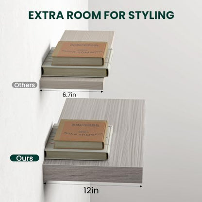 12 Inch Deep Floating Shelves Grey, 36 Inch Long, 2" Thick Floating Shelves for Wall, Hidden Bracket, Scratch-Resistant Wood Grain for Bedroom Bathroom Kitchen, Coffee Bar, Bookshelf