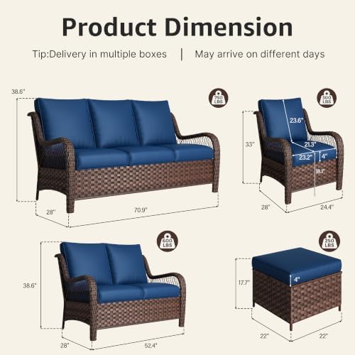 5 Piece Wicker Patio Furniture Set, Rattan Patio Chairs with High Back, Deep Seating, Wide Armrest, Thickened Cushions, Outdoor Furniture for Deck, Porch Use, Blue