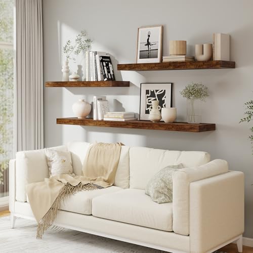 FLYJOE 40 Inch Floating Shelves, 12'' Deep Brown Shelves for Wall Set of 2