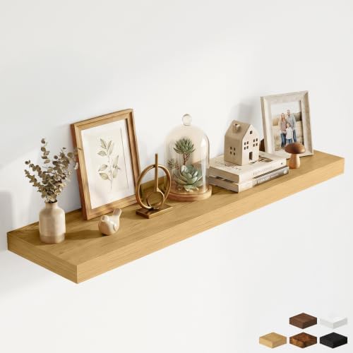 48 Inch Floating Shelves for Wall - 12 Inch Deep Fireplace Mantel Shelf - Wood Floating Shelf for Wall - Large Storage Shelves Wall Mount for Living Room & Bedroom - Oak - Set of 1