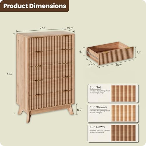 43" Hight Fluted 5 Drawers Dresser for Bedroom,Curved Edge,Oak