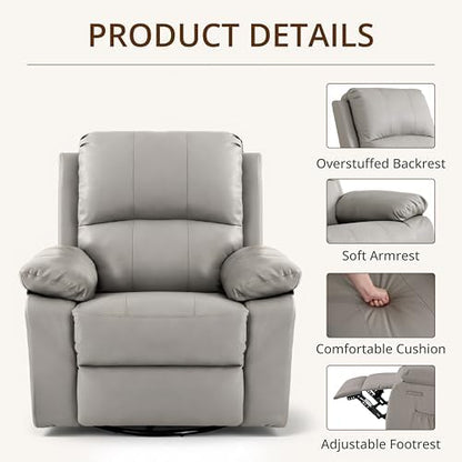 360° Swivel Rocking Leather Recliner Chair for Adults, Grey