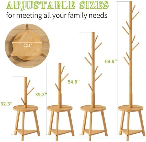 BMOSU Coat Rack freestanding Stand with 2 Shelves Bamboo Wooden Coat Tree Easy Assembly 8 Hooks Standing Jackets Hanger Hallway Office Floor Coat Stand Nature