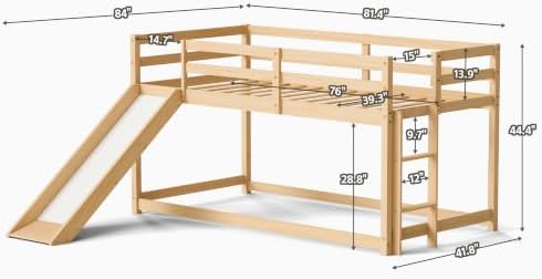 Low Bunk Bed with Slide, Floor Loft Bed with Climbing Ladder, Wood Twin Bunk Bed Frame with Full Guardrails & Storage Space for Kids Toddler