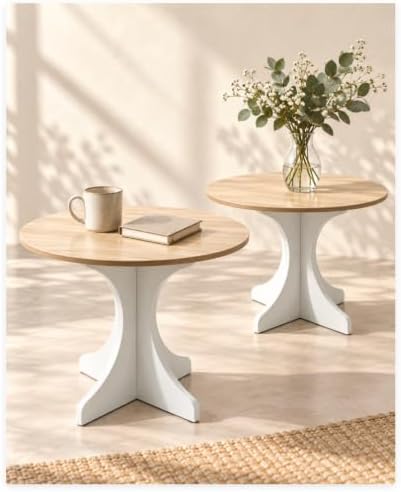 24inch Modern Round Side Table Set of 2, Accent End Table Coffee Table with Walnut Wood Grain Tabletop & White Curved Base for Living Room Bedroom Sofa Corner, Pedestal Nightstand for Indoor/Outdoor