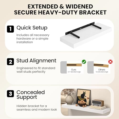 Floating Shelves - 2 Pack 30 Inch Long Rustic Wooden Wall Shelves - 8 Inch Deep Wall Mounted Storage Shelf with Invisible Heavy-Duty Brackets for Books, Bathroom, Kitchen - White