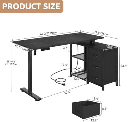 47 Inch L Shaped Desk with 3 Drawers Electric Standing Desks with Storage Computer Table Adjustable Height with Power Outlets 4 Memory Presets for Home Office, Black