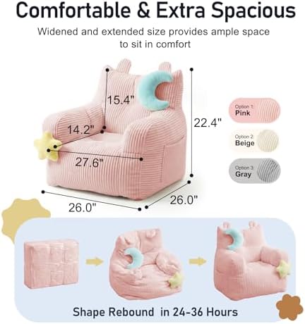 little dove Kids Bean Bag Chair with 2 Plush Toys, Comfy Bean Bag Sofa