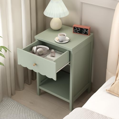 Cute Nightstand with Drawer, Scalloped Bedside Table, Sage