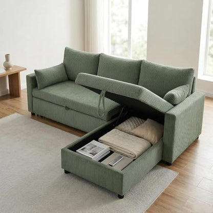 Queen Sleeper Sofa, Convertible Sofa Bed with Storage, 85 Inch Sectional Couch with Pull Out Bed, L Shaped 3 Seat Sectional Sleeper Sofa for Living Room, Apartment, Green