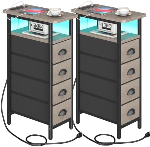 sthmec Nightstand Set 2 with Charging Station, Narrow End Table Set of 2 with 4 Drawers, LED Side Table with Fabric Drawers,Slim Sofa Couch Tables for Small Spaces Bedroom, Grey