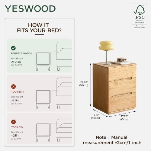 Solid Oak Wood Nightstand with 3 Drawer Natural Wood Bedside Table