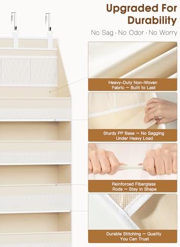Over the Door Organizer, 6-Shelf Closet Hanging Storage with 13 Mesh Pockets, 55lbs Capacity Behind the Door Storage for Baby Nursery, Bathroom, Bedroom, and Dorm, Beige