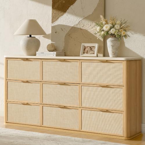 Rattan Dresser for Bedroom, 63'' Wide 9 Drawer Dresser