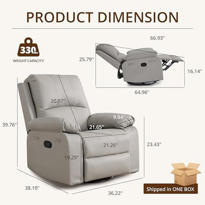 360° Swivel Rocking Leather Recliner Chair for Adults, Grey
