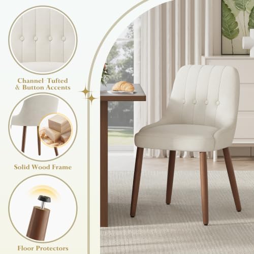 Wooden Dining Chairs Set of 4, Upholstered Fabric Kitchen Chairs with Tufted Button Backrest, Modern Dining Room Chairs with Solid Wood Legs for Kitchen, Beige