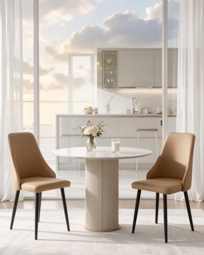 Camel Tan Leather High Back Dining Chairs Set of 2