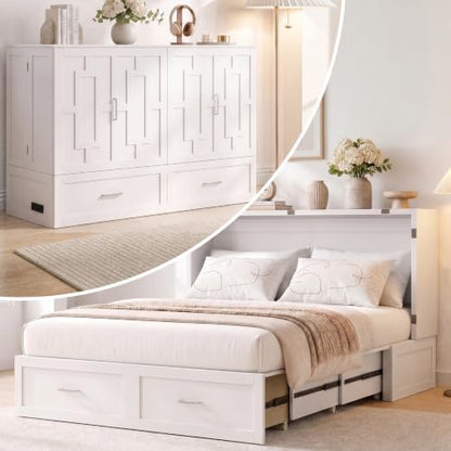PUREMIND Queen Murphy Bed Cabinet with Tri-Fold Mattress