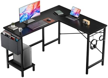 DUMOS L Shaped Computer Desk with PC Stand, Corner Workstation, Black