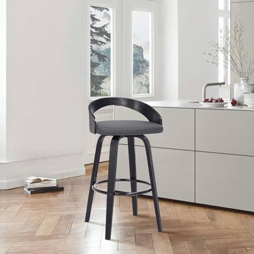 Armen Living Sonia 26" Counter Height Swivel Gray Faux Leather and Black Wood Bar Stool