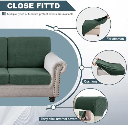 UNBBRRL Seat Cushion Cover and Back Covers for Corner Sofa Stretch Jacquard, Non Slip L Shaped Sofa Slipcover with Storage Ottoman, Sectional Couch Cover for Chaise Lounge (Green,47 x 61 x 6”)