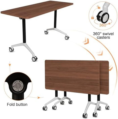 Folding Conference Table, Conference Room Tables with Wheels Foldable Large Rectangle Meeting Seminar Table for 6-12 People, Flip Top Mobile Training Table for Office Classr (2, Walnut 2, 55.1in)