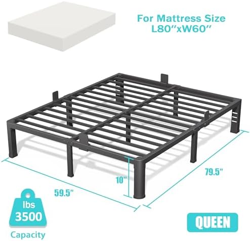 10 inch Queen Size Metal Bed Frame with Round Corner Legs,Headboard Holes,Heavy Duty Steel Slat Support Platform Queen Bed, Mattress Retainer, No Box Spring Needed, Easy Assembly, Squeak Resistant