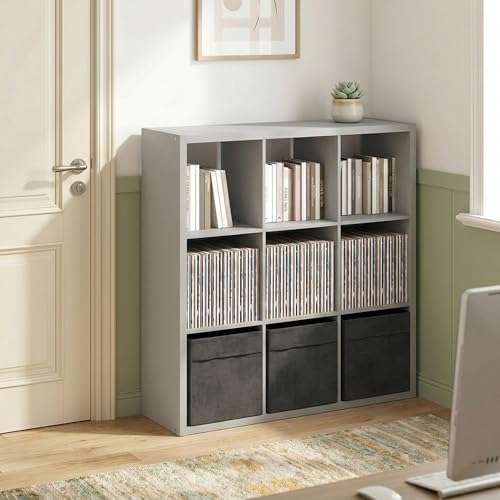 9-Cube Bookshelf, Cubicle Shelf Bookcase with Open Back, Position Reversible Book Shelf, 15 x 44 x 44, for Home Office, Living Room, Light Grey