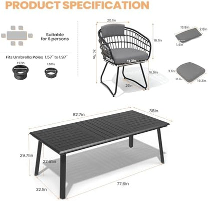 Pellebant 7 Piece Outdoor Dining Set for 6, Aluminum Table & Wicker Chairs
