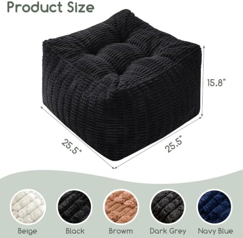 HIGOGOGO Square Stuffed Pouf Ottoman, Blended Corduroy Poufs with Foam Chunk Filling, 25.6 x 25.6 Inches Floor Poufs Foot Rest for Living Room, Black
