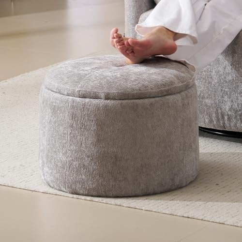 Modern Round Storage Ottoman with Reversible Tray Lid,Chenille Ottoman Foot Stools, Ottoman Footstool with Hidden Storage, Storage Ottoman for Living Room, Multi-Functional Footrest,Light Grey