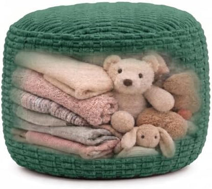 Round Pouf Ottoman Cover Only, Dark Green, 24"x14", Corduroy Storage Cover
