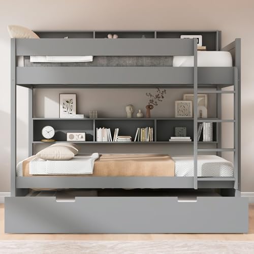 Wood Bunk Bed Full Over Full Size with Built-in Storage Shelves, Versatile Bunk Bed Frame with Ladder and Trundle Bed for Kids Teens Adults, Maximize Space (Gray-2.10)
