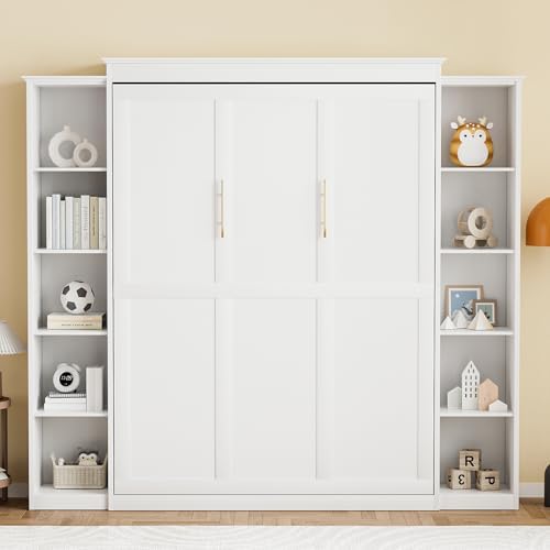 Queen Size Murphy Bed with 2 Storage Cabinet, Farmhouse Wood Hidden Foldable Wall Bed Frame, Space Saving Beds with Shelves, Murphy Bed Queen for Guest Room, Apartment,Office,Bedroom, White